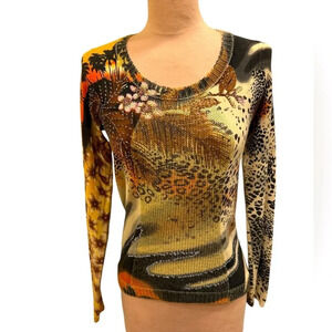 Vertigo Paris Vintage Silk Animal Print Crewneck Pullover Sweater Size Small